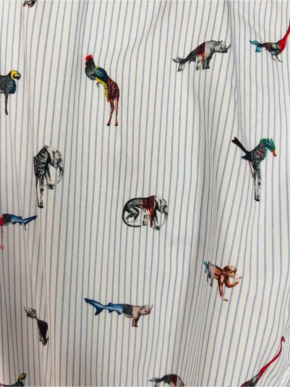 Eton White Shirt with Blue Pinstripes and Multicolor Animal & Bird Motifs